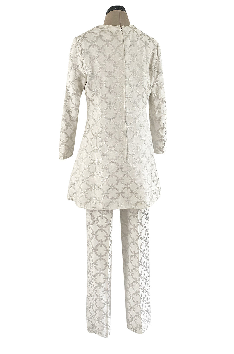 Fabulous 1960s Silver & White Brocade Tunic & Pant Set w Beaded Front Cut Out