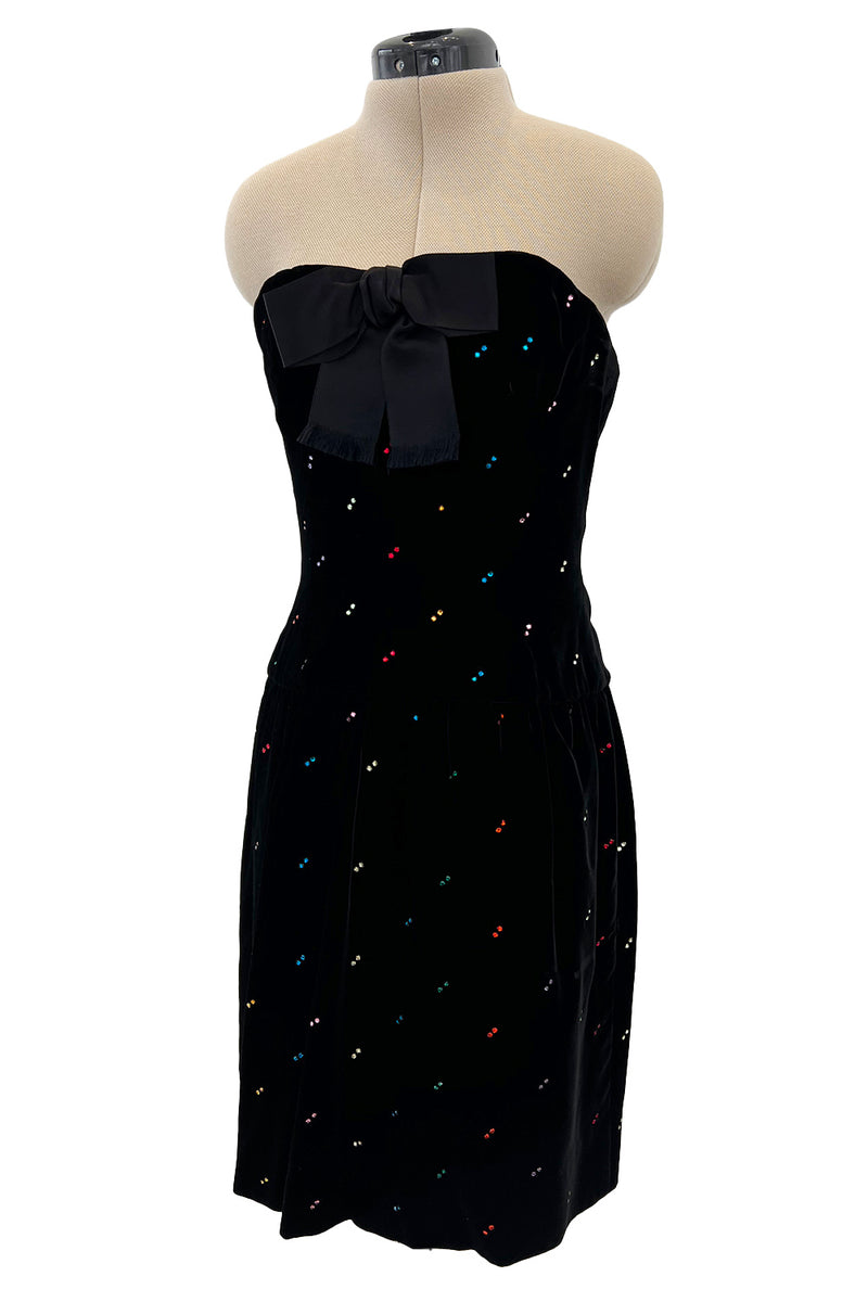 Fabulous Fall 1979 Oscar de la Renta Runway Rhinestone Detailed Velvet Strapless Dress