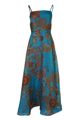 1960s Hardy Amies Deep Turquoise & Printed Silk Organza Dress w Matching Ruffled Capelet