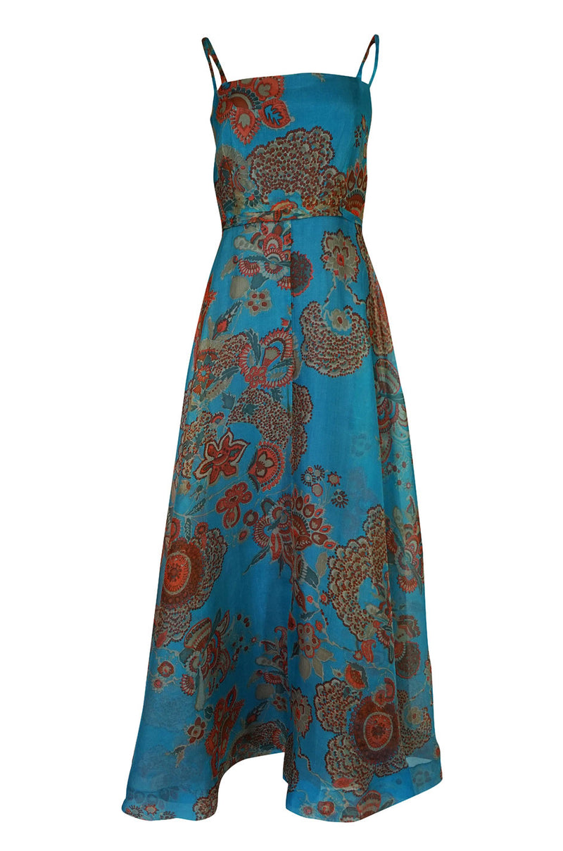 1960s Hardy Amies Deep Turquoise & Printed Silk Organza Dress w Matching Ruffled Capelet