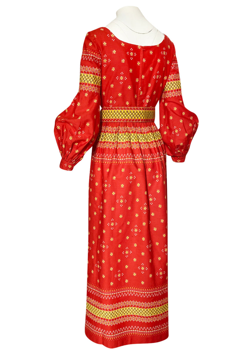 Spring 1971 Oscar de la Renta Red Printed Dress w Pouf Sleeves & Origi Shrimpton Couture Spring 1971 Oscar de la Renta Red Printed Dress w Pouf Sleeves & Origi Shrimpton Couture