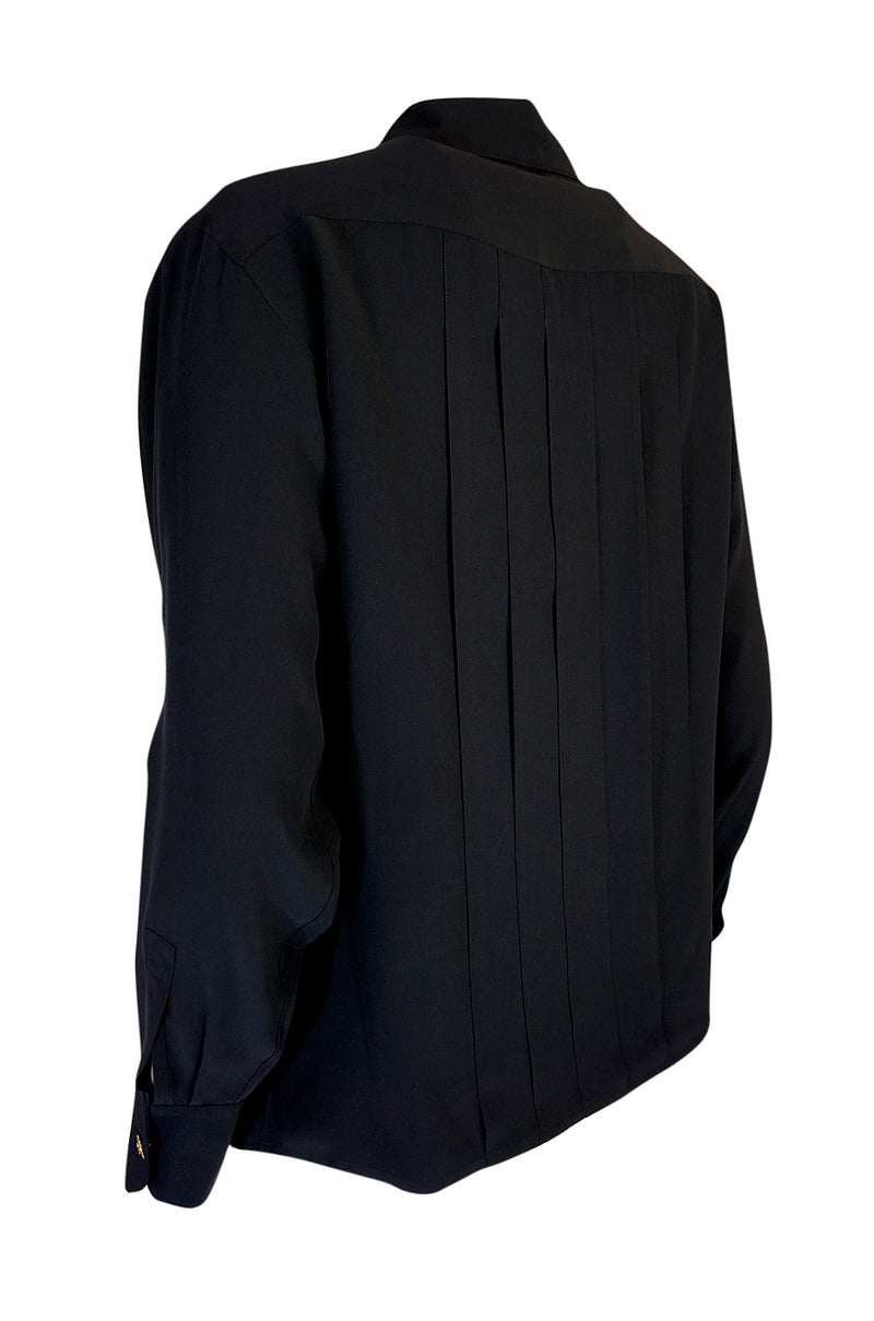 1980s Chanel Black Silk Top w 4 Leaf Clover Gold Buttons