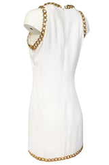 Early 1980s Paco Rabanne White Dress w Gold Metal Loop Detailing
