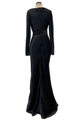 Incredible 2007 Alexander McQueen Original Bias Cut Black Silk Satin Dress w Tie Belt