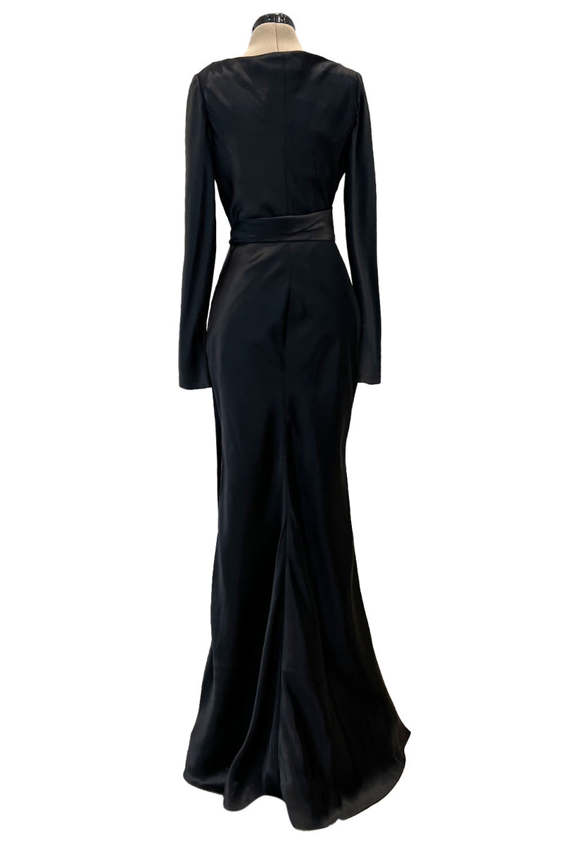 Incredible 2007 Alexander McQueen Original Bias Cut Black Silk Satin Dress w Tie Belt