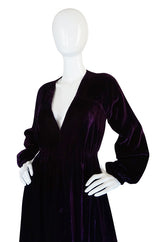 1970s Halston Rich Purple Velvet Deep Plunge Dress