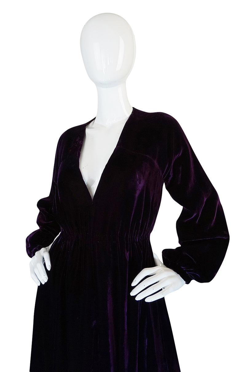 1970s Halston Rich Purple Velvet Deep Plunge Dress