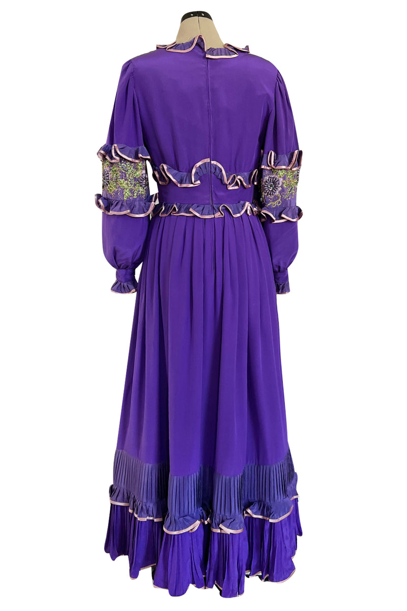 Rare 1960s Tiziani Couture by Karl Lagerfeld Purple Silk Dress w Intricate Hand Beading