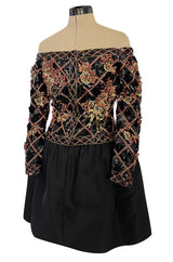Elaborate 1987 John Anthony Couture Off Shoulder Mini Dress w Sequin Beading & Rosettes