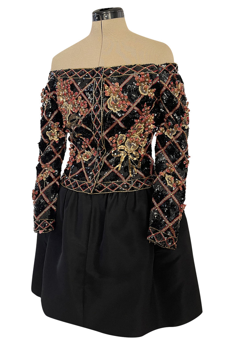 Elaborate 1987 John Anthony Couture Off Shoulder Mini Dress w Sequin Beading & Rosettes