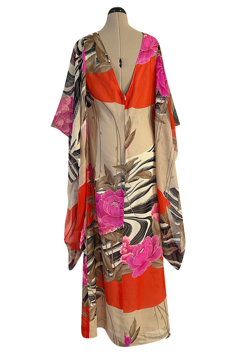 1960s Hanae Mori Couture Long Open Kimono Sleeve Pink Floral Print Cotton Caftan Dress