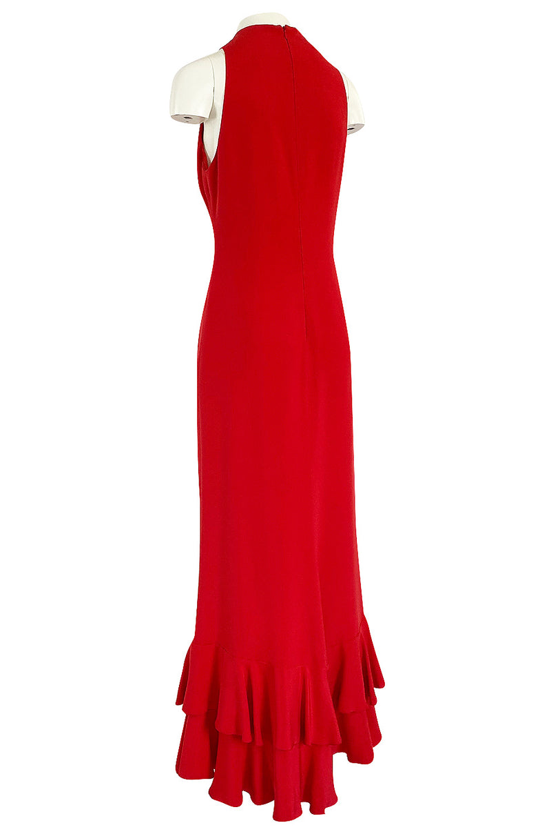 Sleek 1990s Valentino Classic Red Dress w Slit Front Detail & Tiered Ruffled Hem
