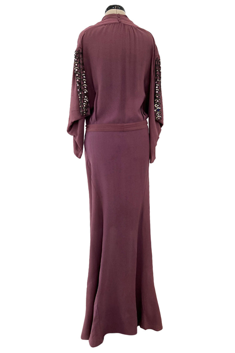 Unusual 1930s Avant Garde Mauve Moss Crepe Dress w Hand Beaded Sleeve Shrimpton Couture Unusual 1930s Avant Garde Mauve Moss Crepe Dress w Hand Beaded Sleeve Shrimpton Couture