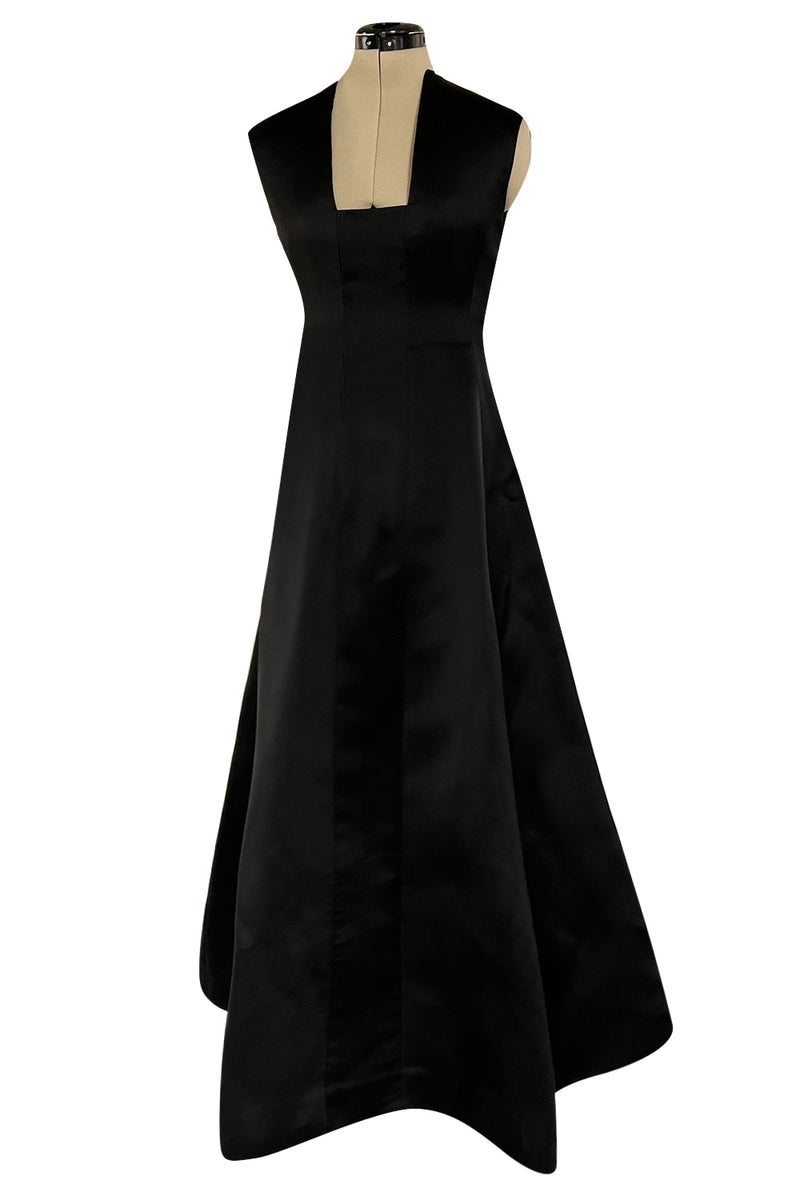 Minimalist 1960s Pauline Trigere Black Silk Satin Dress w Squared Off Shrimpton Couture Minimalist 1960s Pauline Trigere Black Silk Satin Dress w Squared Off Shrimpton Couture