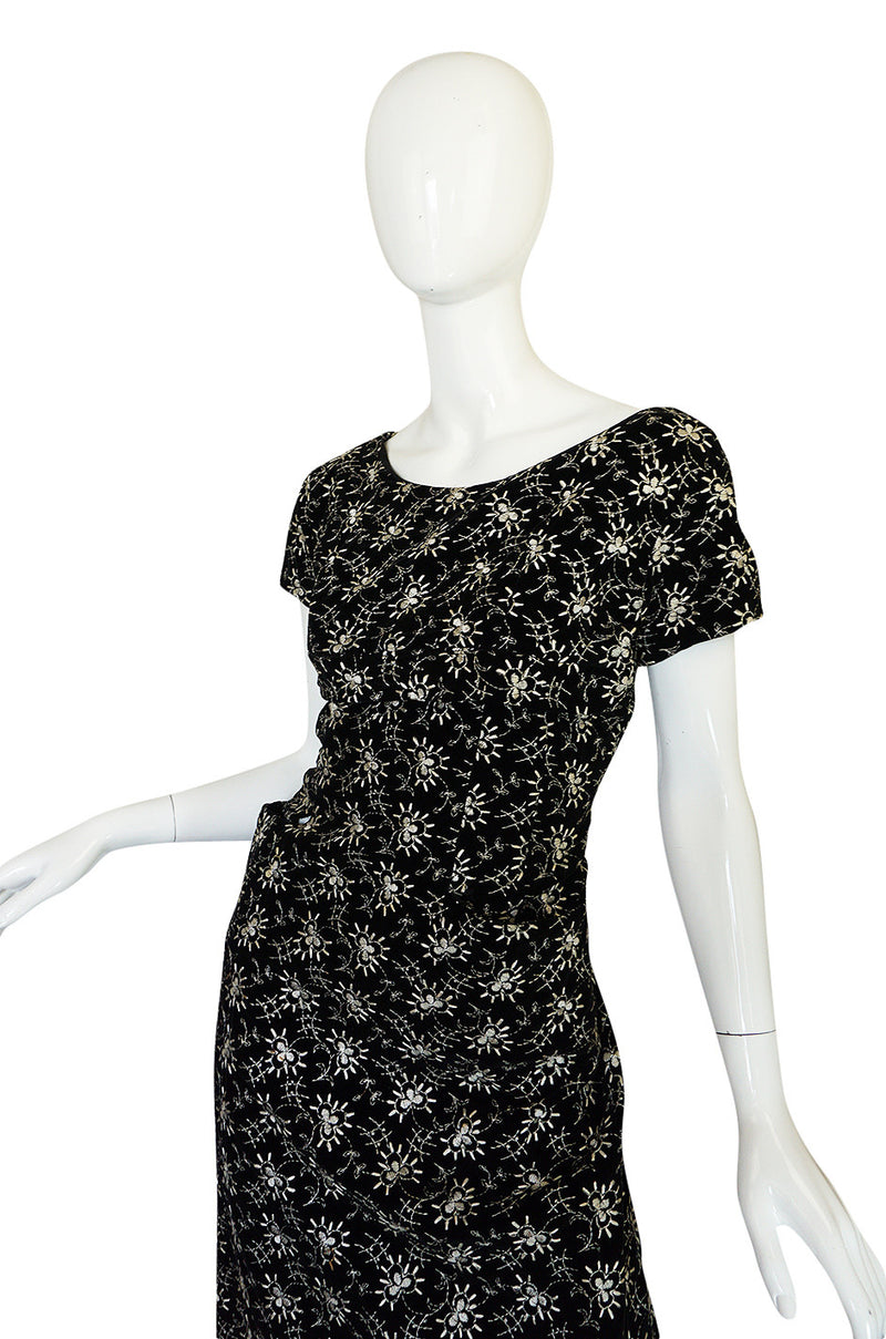 Late 1940s Hand Embroidered Black Velvet Fitted Dress