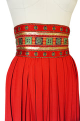 1970s Red Lanvin Demi-Couture Pleat & Silk Brocade Skirt