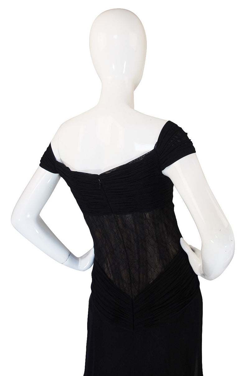 1980s Vicky Tiel Couture Black Silk Net & Lace Corset Gown