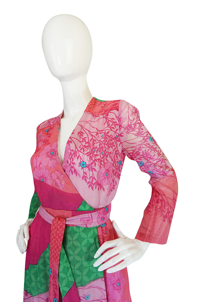1970s Pink Print Cotton Voile Hanae Mori Wrap Dress