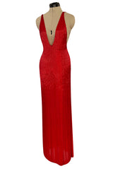 Showstopping 1975 John Anthony Couture Deep Plunging Red Dress Entirely Covered in Glass Beads