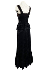 Rare 1970s Mary Quant Black Silk Floral Weave Maxi Dress w Peplum & Ruffled Hem