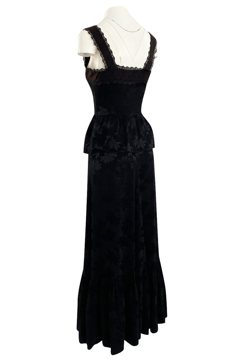 Rare 1970s Mary Quant Black Silk Floral Weave Maxi Dress w Peplum & Ruffled Hem