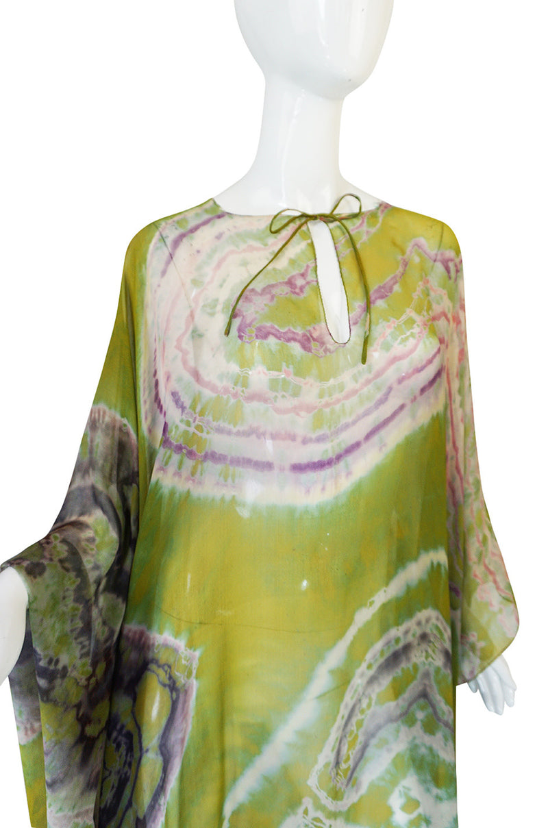 c1972 Potential Halston Silk Chiffon Tie Dye Caftan Dress