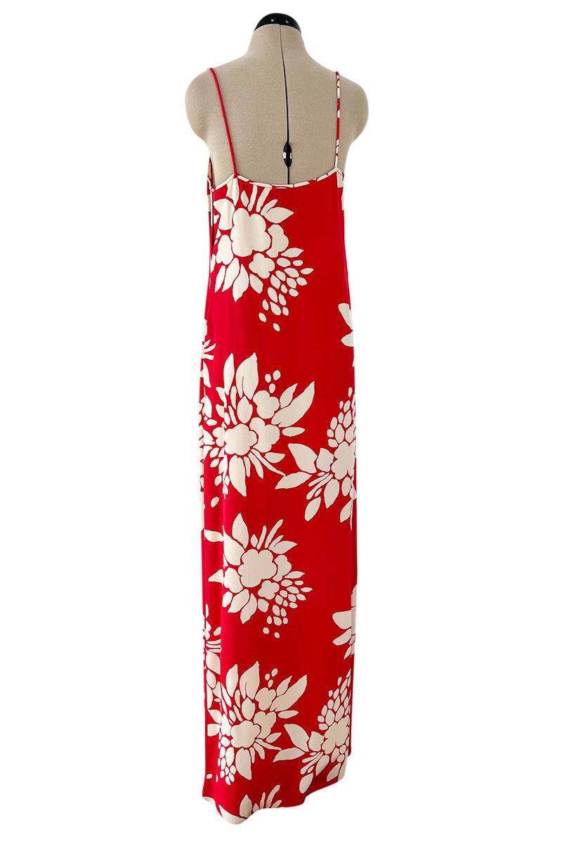 Late 1970s James Galanos Graphic Red & White Silk Crepe Dress w High Side Silt