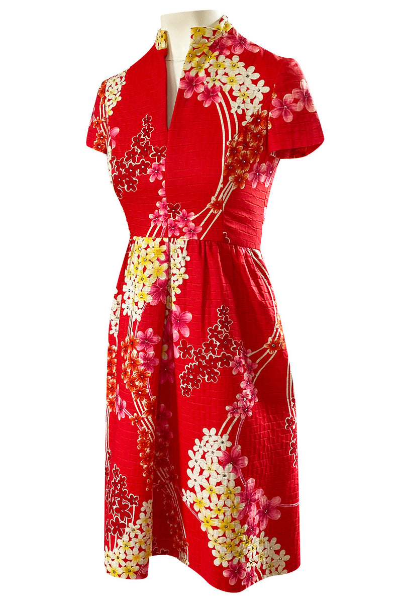 1970s Malcolm Starr Cherry Red Floral Print Dress w Rhinestone Detailing