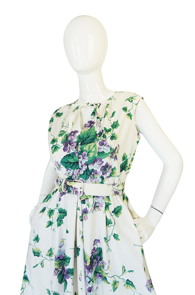 Beautiful 1950s Crisp Violet Print on a White Cotton Dress