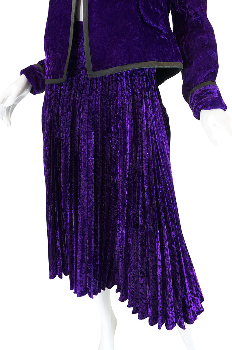 1970s Adolfo Purple Velvet Jacket & Pleated Skirt Suit