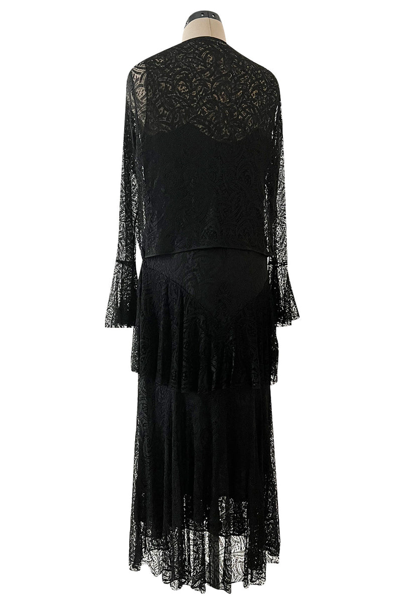 Light as Air Late 1920s Unlabeled Fine Black Lace Dress w Matching Jacket & Rhinestone BuckleBelt