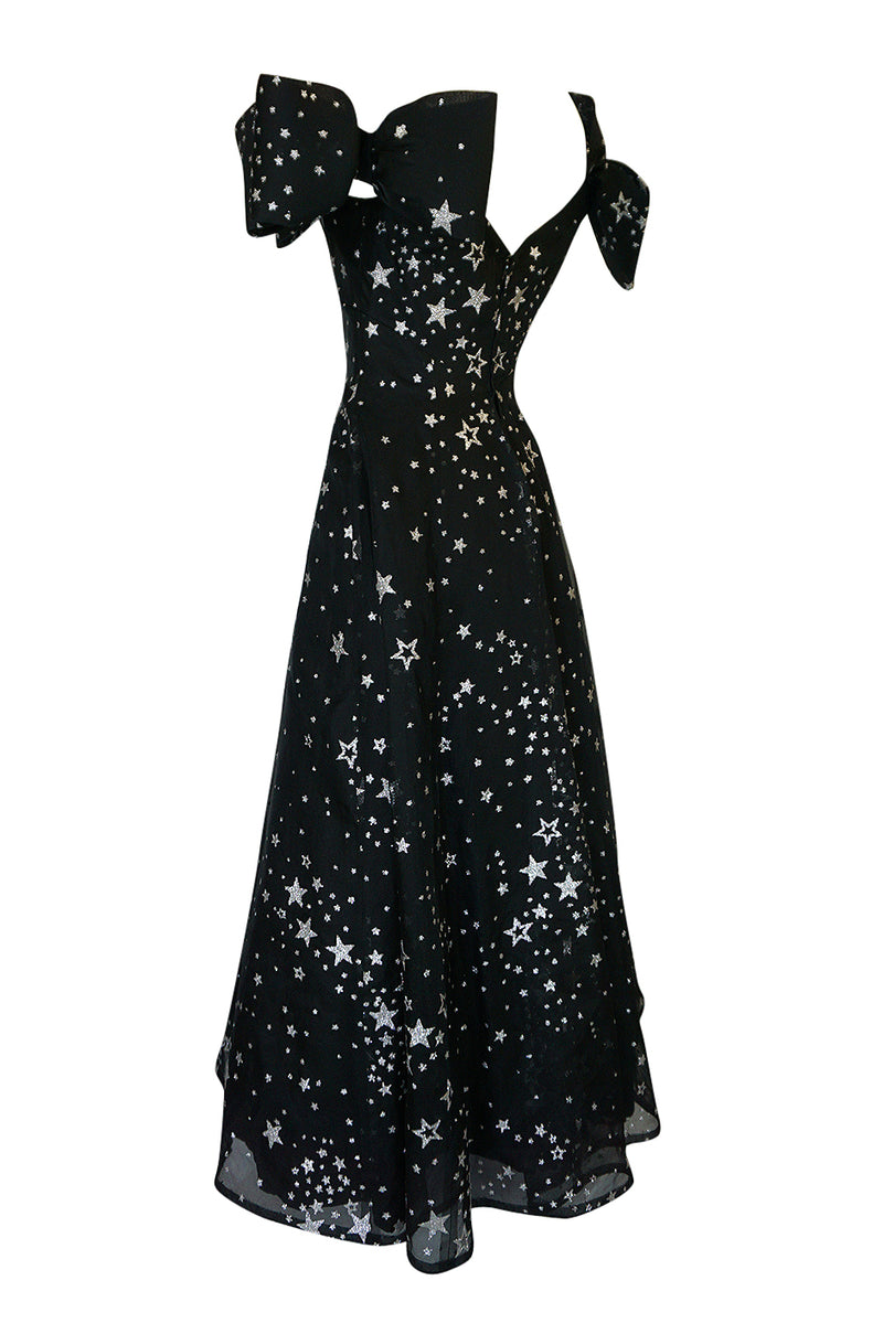 1986 Murray Arbeid Silver Glitter Stars & Bows Ballgown Dress