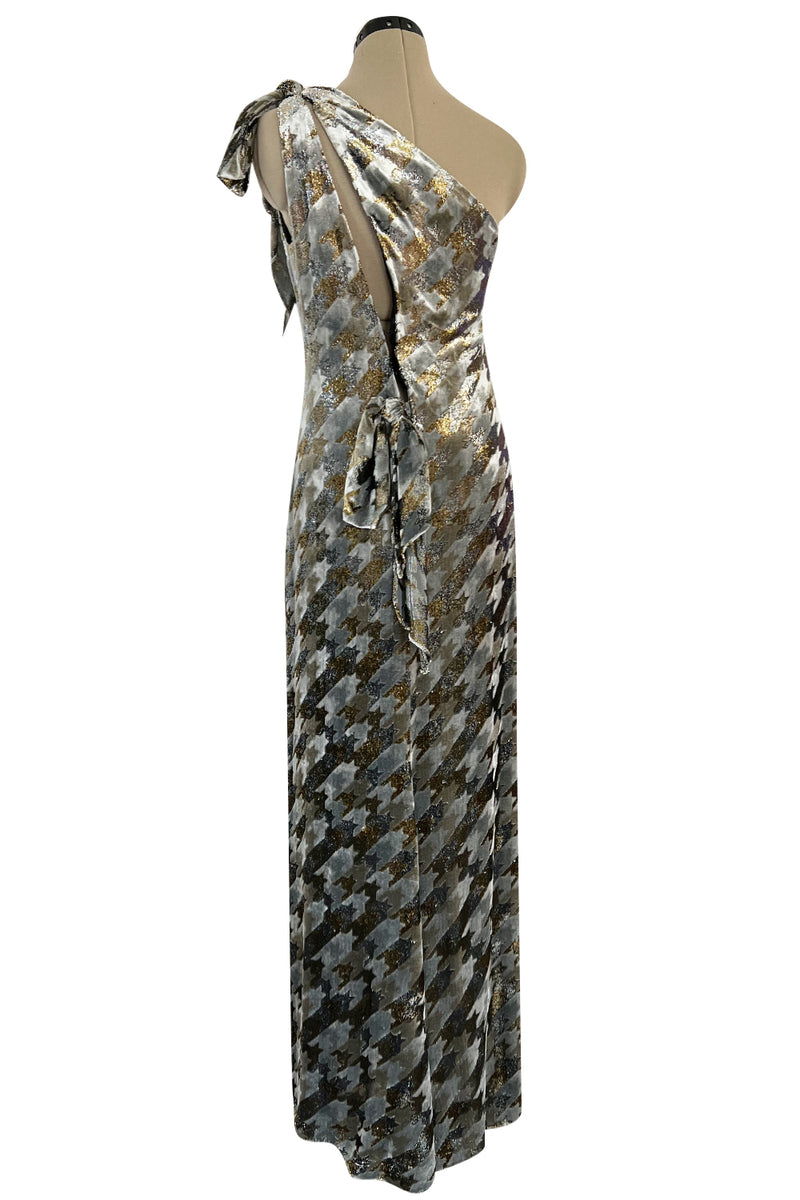 1970s Mollie Parnis Metallic Silver Gold & Copper Fluid Velvet One Shoulder Dress