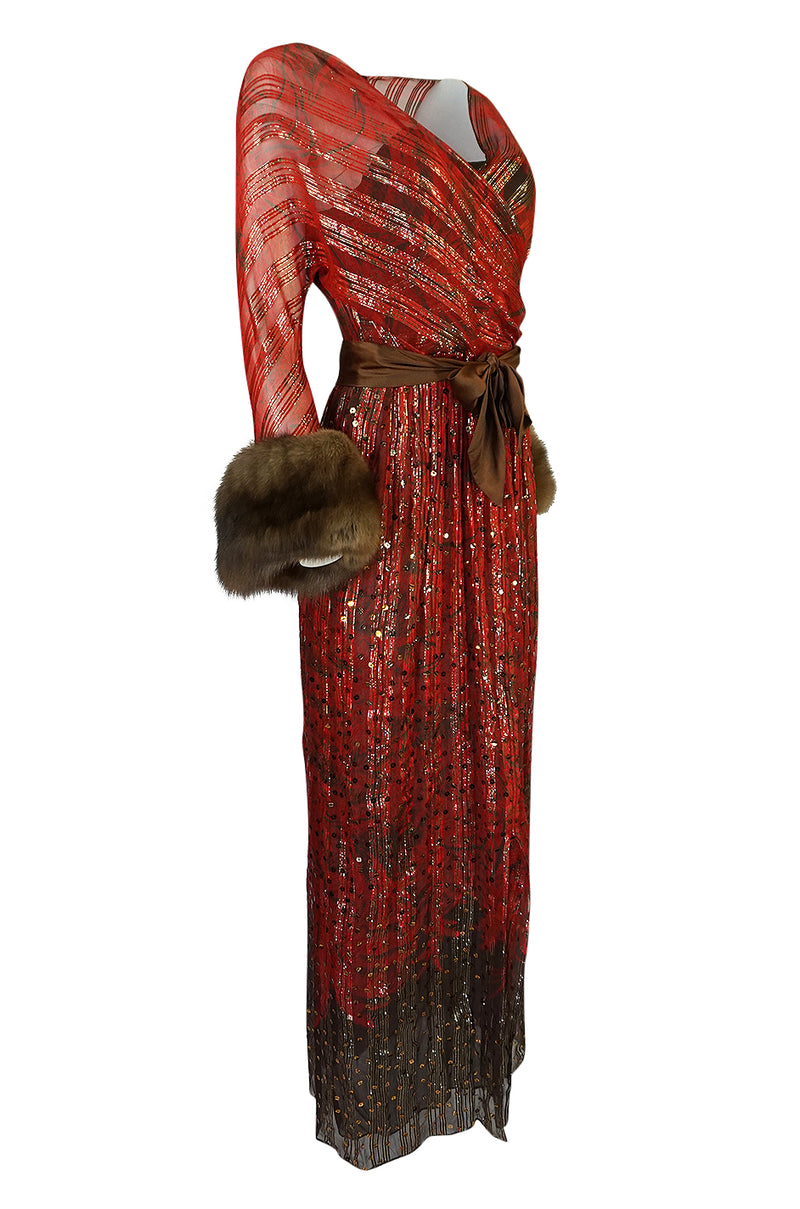 Fall 1979 Bill Blass Couture Hand Sequin Gold & Red Silk Chiffon Dress