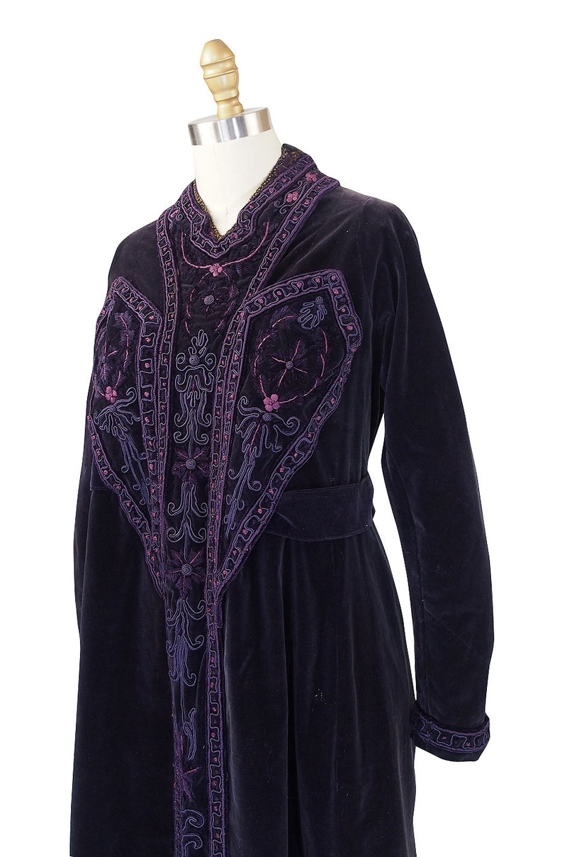 1910s Velvet Emboridered & Applique Panel Dress
