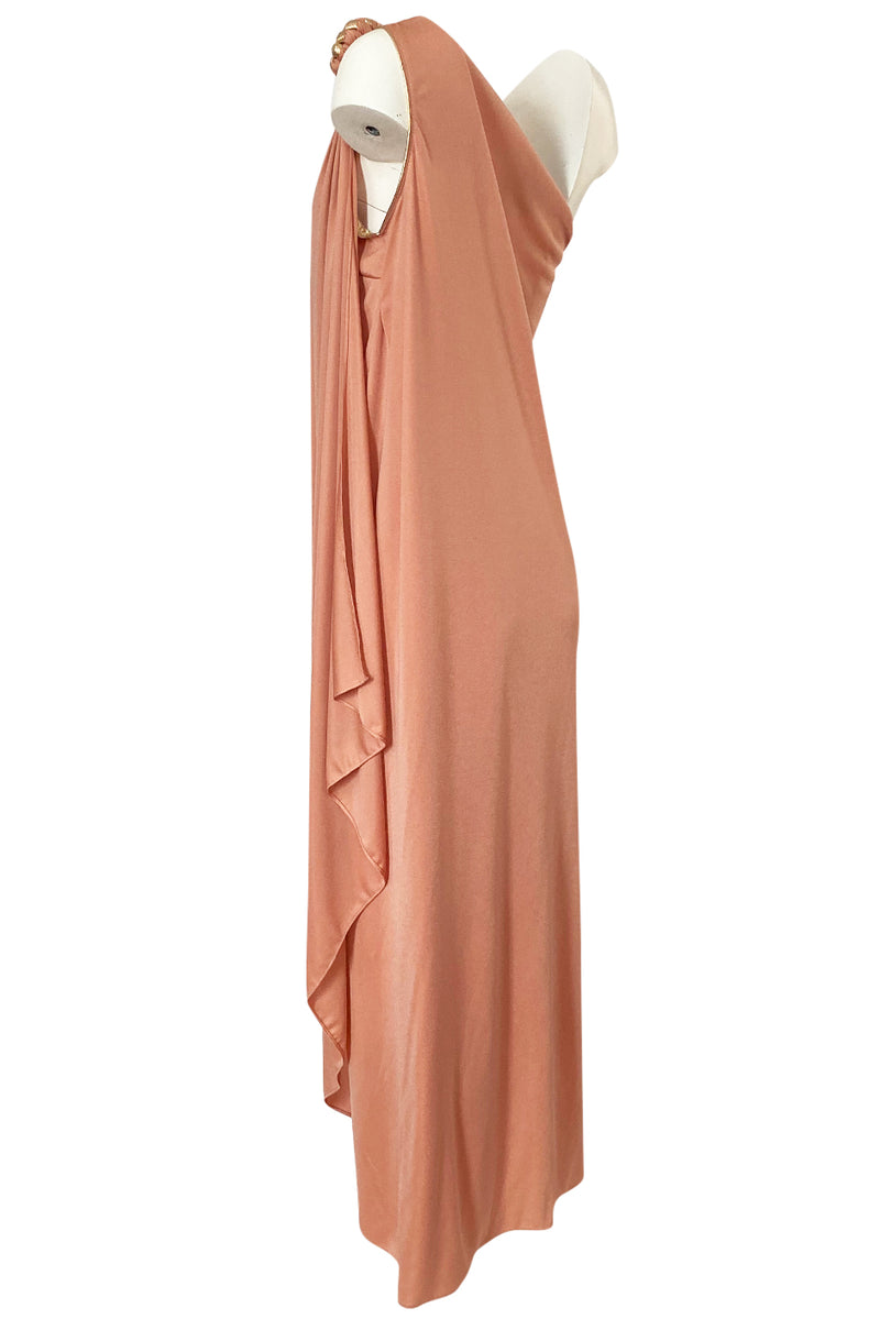1981 Bill Tice Nude Peach Colour One Shoulder Dress w Gold Detailing