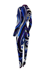 Rare 1970s Emilio Pucci Blue Print Velvet Stretch Catsuit w Stirrups