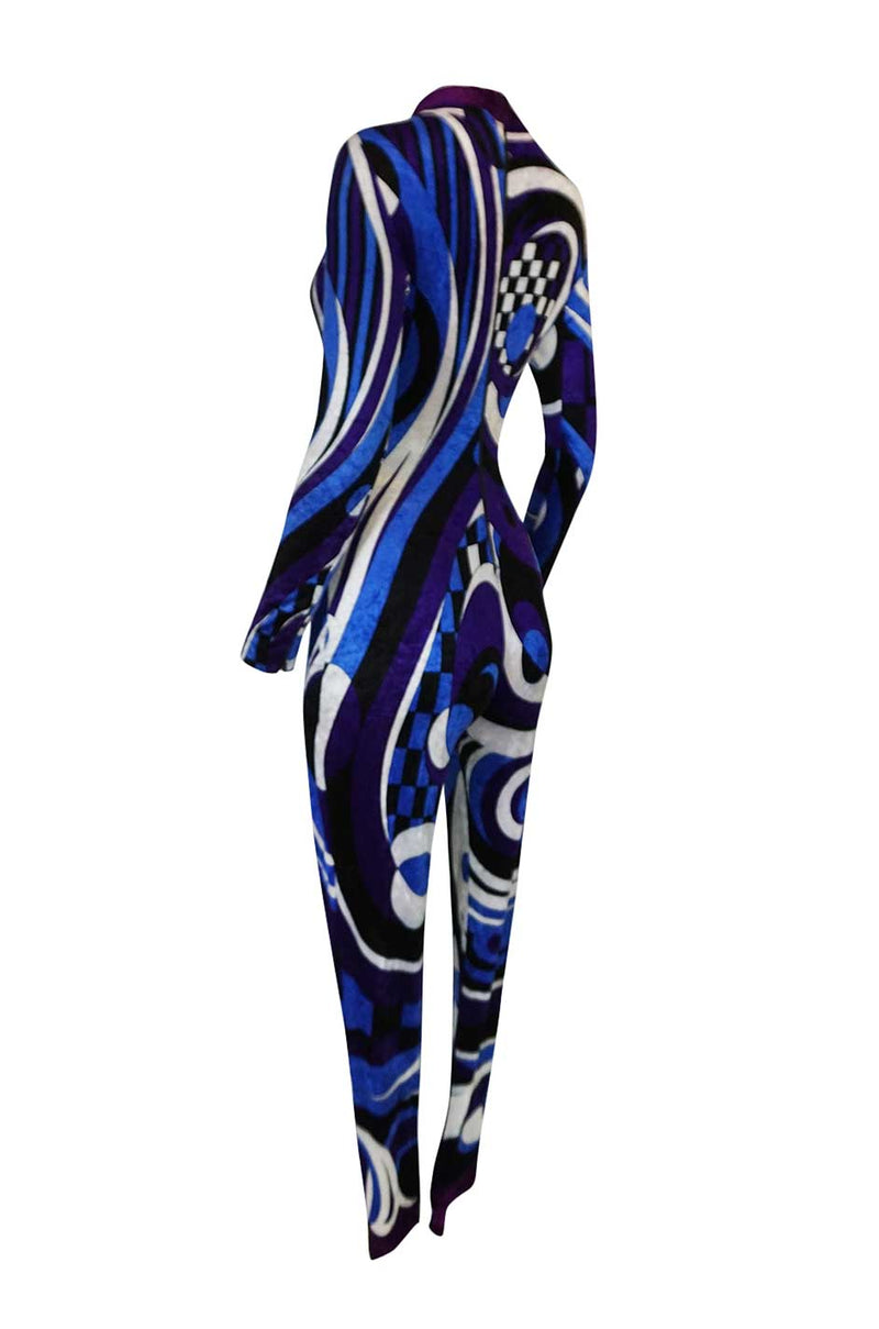 Rare 1970s Emilio Pucci Blue Print Velvet Stretch Catsuit w Stirrups
