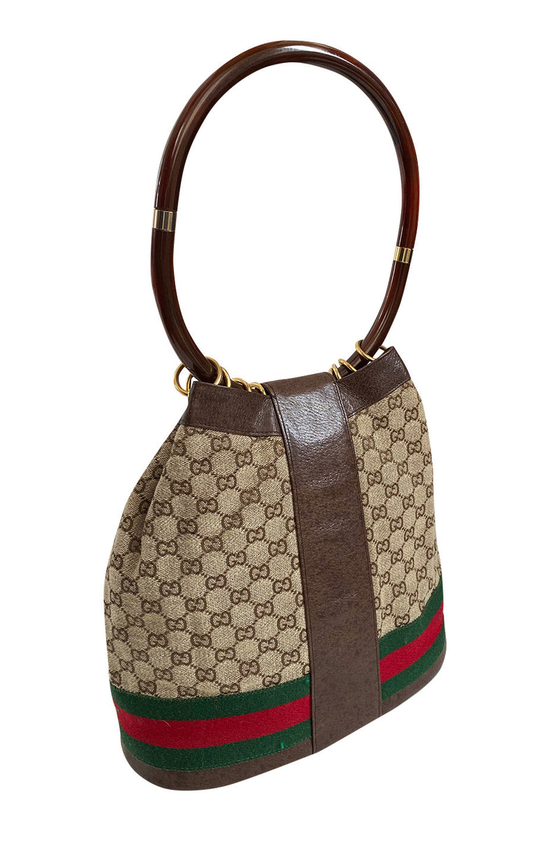 Rare & Original 1970s Gucci Bucket Canvas Logo & Leather Bag w Lucite Handle