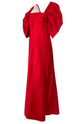 1979 Stavropoulos Deep Red Silk Full Length Dress w Pouf Sleeves