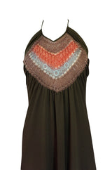 1970s Joy Stevens Embroidered Brown Jersey Halter Dress