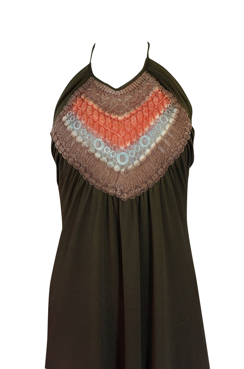 1970s Joy Stevens Embroidered Brown Jersey Halter Dress