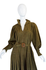 1970s Jean Muir Billowing Sleeve Perforated Olive Suede Dress