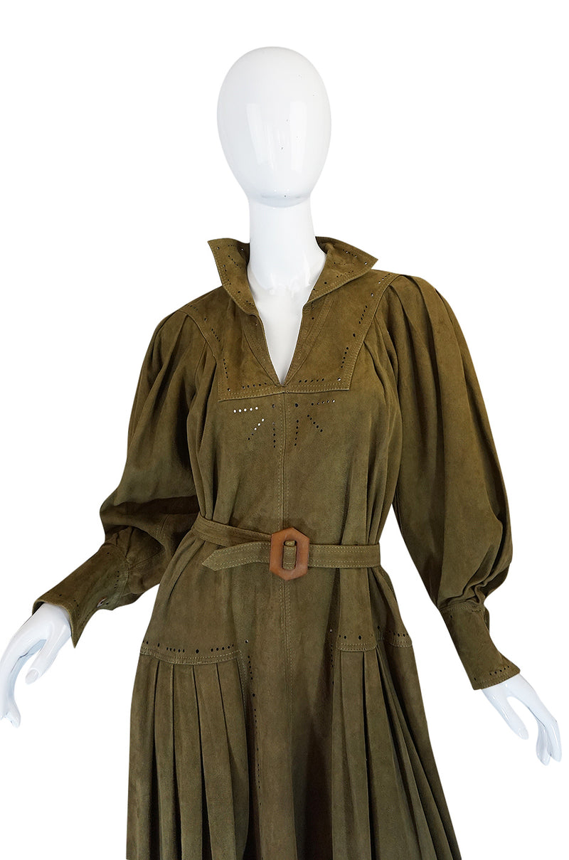 1970s Jean Muir Billowing Sleeve Perforated Olive Suede Dress