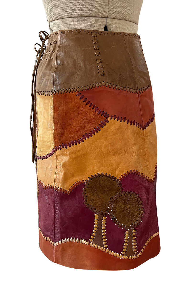 Extraordinary 1960s Char Hand Made Leather & Suede Wrap Scenic Patchwork Skirt