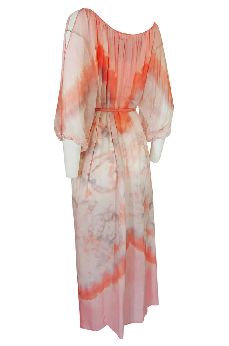 1970s Lillie Rubin Pink & Cream Tie Dye Silk Chiffon Dress