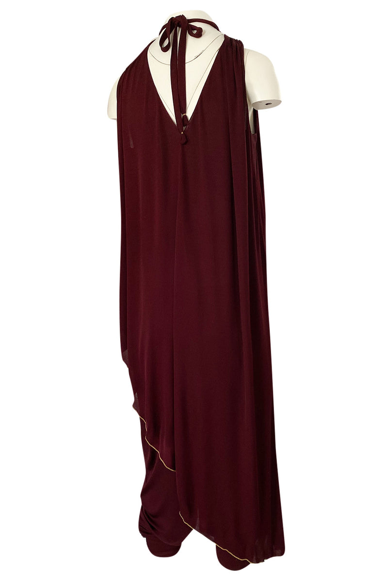 1970s Holly's Harp Deep Burgundy & Gold Silk Jersey Dress w Harem Pant Set