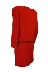 c1978-1985 Chanel Red Boucle Cropped Jacket & Skirt Suit