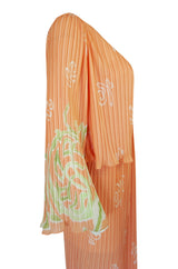 1970s Bill Tice Peach Print Halter Dress & Jacket Pleat Set