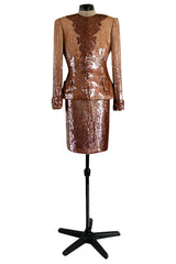 Fabulous 1980s John Anthony Couture Pink & Bronze Fully Sequinned Strapless Dress & Matching Jacket